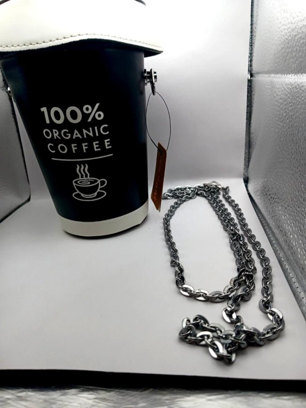Coffee Cup Crossbody Purse With 48 Inch Silvertone Chain Black + White New Tags